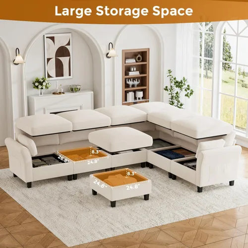 Vista 4 de Legend Vansen - Sofá modular modular reversible en forma de U con otomana, sofá de poliéster de felpa de asiento profundo con almacenamiento