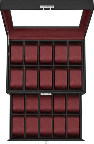 Vista 7 de SONGMICS Caja de reloj de 20 ranuras, caja de reloj con tapa de vidrio, 2 capas, vitrina de reloj con cerradura, cuero sintético negro, forro rojo