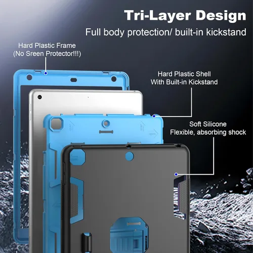 Vista 3 de Funda para iPad de 9ª/8ª/7ª Generación de 10.2", Cuerpo Completo Resistente de Servicio Pesado a Prueba de Golpes Anti Rayones Cubierta (Negro Azul)