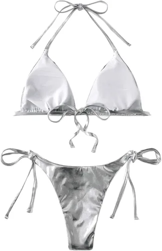 Vista 2 de SweatyRocks Traje de baño metálico de 2 piezas para mujer, bikini triangular halter con lazo lateral