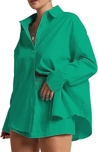 Vista 3 de Conjunto casual de 2 piezas para mujer blusa con botones y pantalones cortos de cintura alta conjunto de overoles