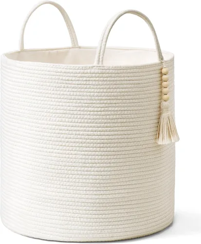 Vista 21 de Mkono - Canasta de almacenamiento tejida, canasta decorativa de cuerda natural con cuentas de madera para mantas, juguetes, ropa, zapatos y plantas