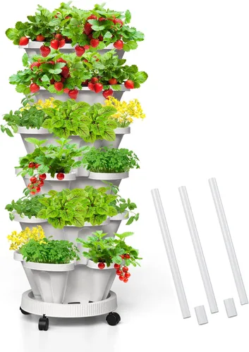 Vista 10 de Macetas verticales de fresa, paquete de 2 unidades, torre apilable de 5 niveles con poste de soporte, macetas apilables para hierbas y verduras