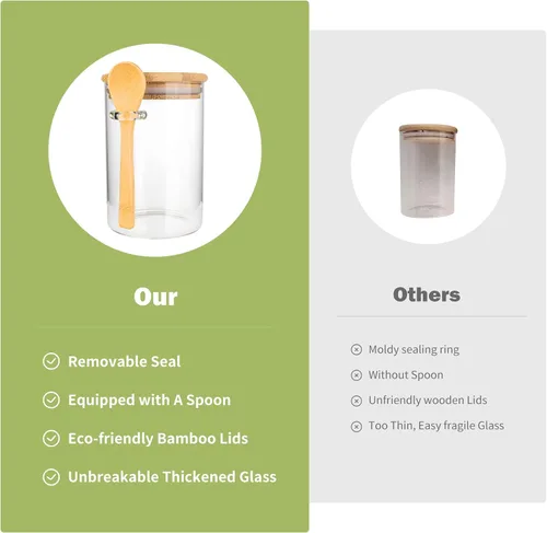 Vista 9 de Recipientes herméticos de almacenamiento de alimentos, frasco de vidrio con cuchara de madera y tapas, frascos de 20 oz para servir sal de baño