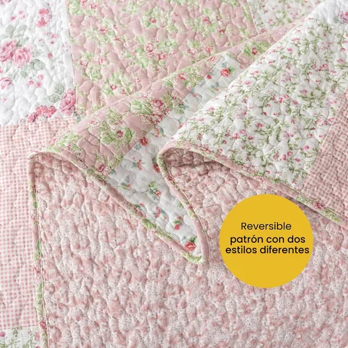 Vista 5 de Soul & Lane Blush Bloom - Juego de colcha de algodón, tamaño individual con 1 funda de almohada, colcha acolchada floral con diseño de parches