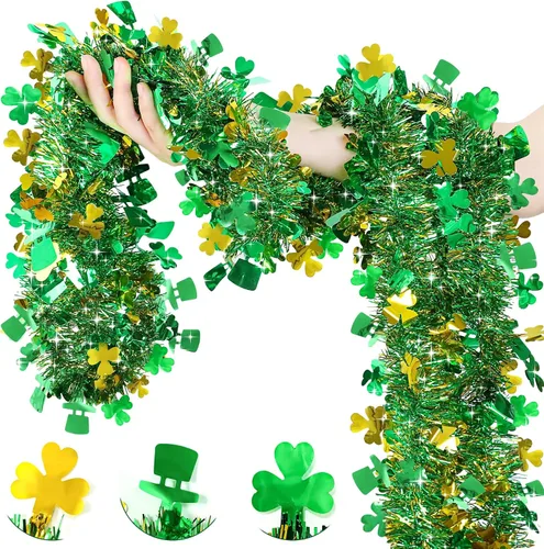 Vista 9 de Guirnalda decorativa de 33 pies para el día de San Patricio, guirnalda de oropel con sombrero de trébol verde dorado, guirnalda metálica brillante