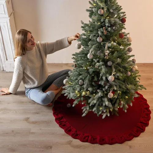Vista 7 de yuboo Falda de árbol de Navidad roja de 48 pulgadas de punto, falda de árbol de Navidad burdeos, falda de árbol de Navidad trenzada de punto grueso