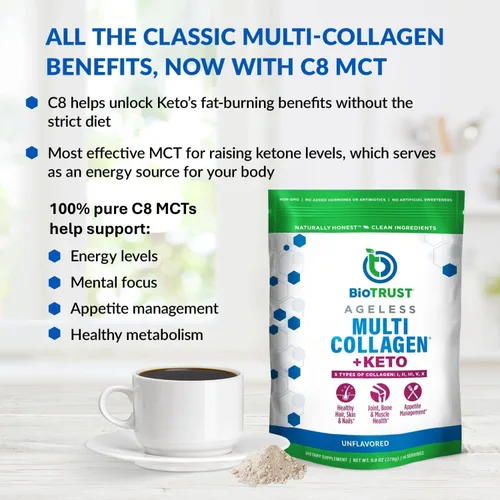 Vista 5 de BioTrust Polvo de proteína de colágeno múltiple + aceite MCT Keto – 5 tipos (I, II, III, V, X) y 100% ácido caprílico C8 – Apoya cetonas elevadas
