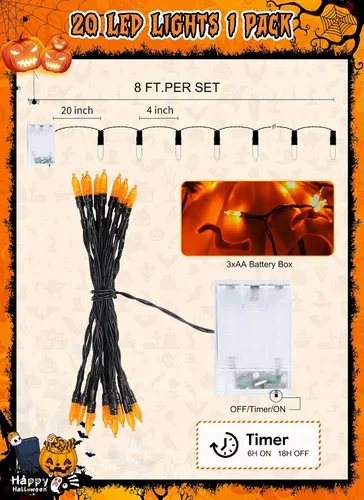 Vista 4 de Brightown - Cadena de luces de Halloween para interiores, funciona con pilas, 2.4 m, 20 LED, luces naranjas en mini racimo de árbol con Varios