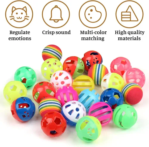 Vista 4 de QUOZUO Paquete de 24 bolas de plástico para gatos, bolas de celosía con campana, juguete de gatito, bola de arcoíris, estilos de caja de regalo