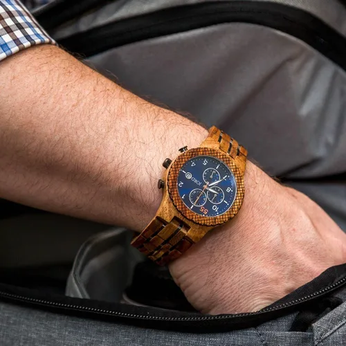 Vista 4 de Jord Relojes de pulsera de madera para hombre, cronógrafo, correa de reloj de madera y metal, bisel de madera, movimiento de cuarzo analógico