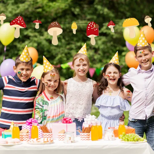 Vista 6 de (144 unidades) Calcomanías de tatuajes temporales de hongos para fiesta de hongos, suministros de decoración de fiesta de cumpleaños, regalos