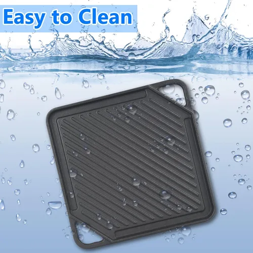 Vista 7 de GasSaf Plancha reversible de hierro fundido, sartén de doble cara perfecta para estufas y parrillas de gas, 10 x 10 pulgadas