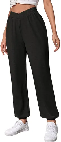 Vista 4 de Jeemery Pantalones deportivos de cintura alta cruzada para mujer, pantalones deportivos holgados con bolsillos