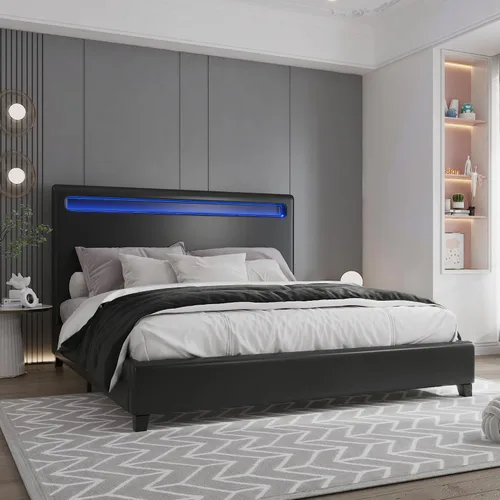Vista 22 de Cama de plataforma de madera tamaño individual con luz LED integrada, cabecera de almacenamiento y barandilla, dormitorios adecuados para niños