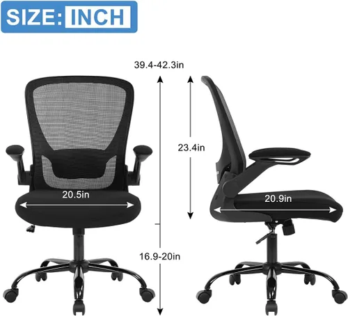 Vista 3 de Silla de oficina en casa, silla de escritorio ergonómica con soporte lumbar ajustable y reposabrazos abatibles, silla de computadora de malla