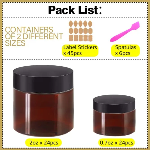 Vista 4 de Tarros de plástico de 2 onzas con tapas, recipientes de plástico ámbar de 2 onzas con tapas + recipientes de muestra de 0.71 oz (juego de 48)