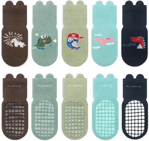 Vista 15 de 5 pares de calcetines antideslizantes de algodón para bebés y niños pequeños con diseño de animales