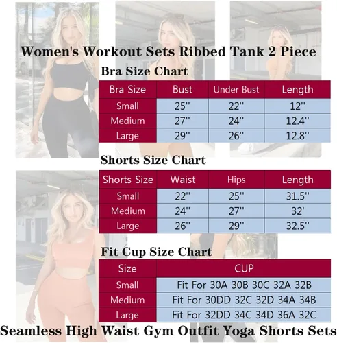 Vista 4 de Conjuntos de entrenamiento para mujer, 2 piezas, sin costuras, acanalados, sin mangas, pantalones cortos de cintura alta, trajes de yoga