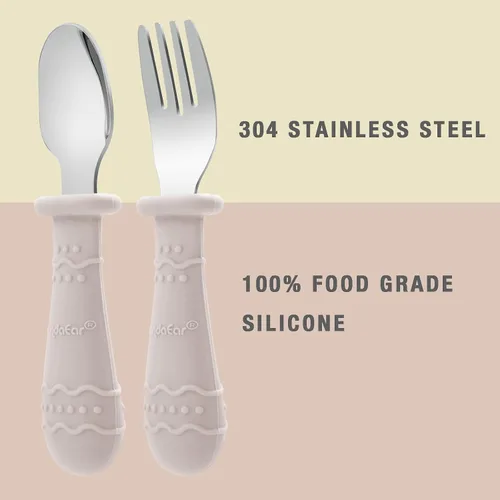 Vista 7 de PandaEar Cucharas de silicona para bebés y utensilios para niños pequeños (bronceado claro/nogal/azul)