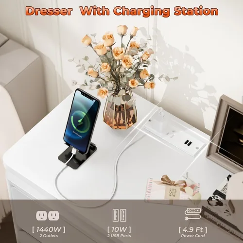 Vista 3 de Loomie Cómoda blanca mejorada de 6 cajones para dormitorio, cajonera larga de 47.2" con estación de carga y luces LED, mueble de almacenamiento