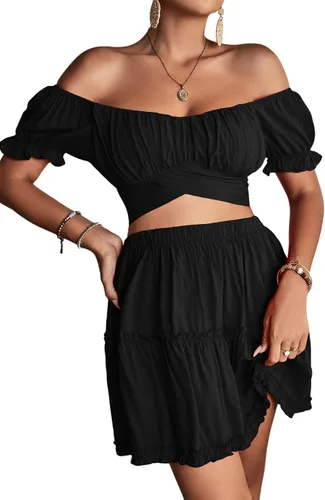 Vista 5 de LYANER Conjunto de 2 piezas para mujer con estampado floral y hombros descubiertos y minifalda