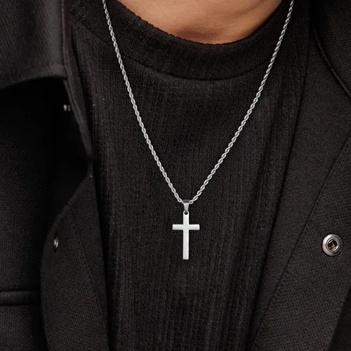 Vista 4 de LUXEJEW Collar de cruz para hombres y niños, cadena de cuerda de acero inoxidable plataoronegro, collar con colgante de cruz, joyería para hombre