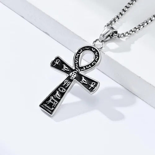 Vista 3 de Collar con colgante de cruz de Ankh copto egipcio antiguo de acero inoxidable para niños, mujeres y hombres, en cadena Rolo de 22 a 24 pulgadas