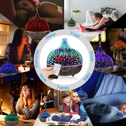 Vista 7 de Difusor de aceite esencial de 18.6 fl oz, humidificador de niebla fría de vidrio 3D, humidificador ultrasónico de aromaterapia con 7 luces LED que