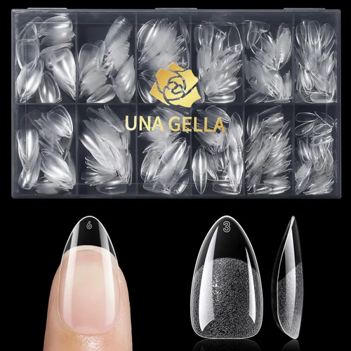 Vista 9 de UNA GELLA Puntas de uñas de almendra, puntas de uñas de gel de almendra cortas preformadas, 240 unidades, uñas postizas de gel suave de cobertura