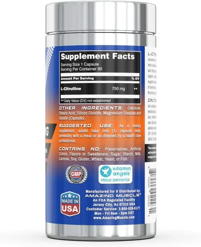 Vista 3 de Amazing Muscle L-Citrulina - 750 mg, 90 cápsulas - Apoya el metabolismo de las proteínas - Apoya la desintoxicación muscular - Promueve