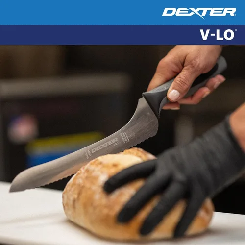 Vista 4 de Cuchillo para sándwiches V-Lo V163-9SC-PCP de 9 pulgadas, festoneado y atenuado, con mango suave.