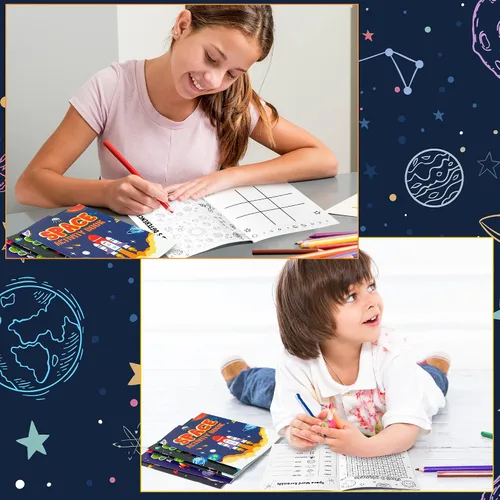 Vista 6 de Juego de libros de actividades espaciales a granel para niños Space Theme Drawing Booklet with Mazes Word Search Word Scramble Games for Birthday