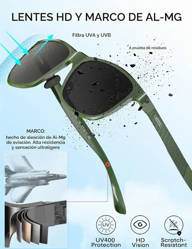 Vista 4 de ATTCL Polarized Sunglasses Men Al-Mg Metal Ultralight UV400 for Driving Verde/Gris (Army Green-Grey)