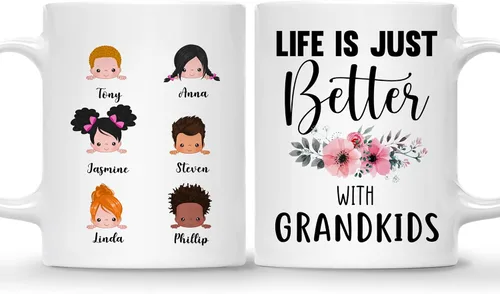 Vista 9 de Gossby Taza personalizada Life is Better With GrandKIDS (1 niño), taza personalizada de regalo para abuelos con avatares de nietos, nombres, 11
