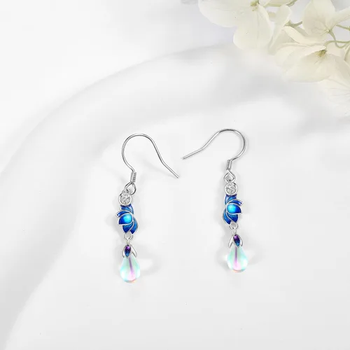 Vista 3 de Pendientes de loto de plata de ley 925 con piedra lunar de loto, aretes colgantes de gota de loto para mujer, regalos, Plata de ley