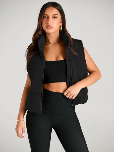 Vista 3 de AUTOMET Puffer Vest Women Sleeveless Winter Cropped Outerwear Warm Puffer Lightweight Stand-up Collar Down with Pockets