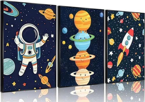 Vista 11 de 3 piezas de arte de pared de astronauta espacial musiic lienzo lindo astronauta músico decoración imágenes divertidas piano guitarra violín carteles