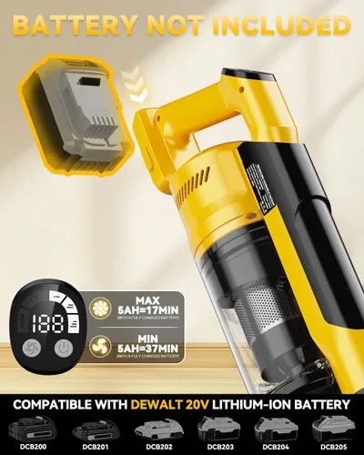 Vista 3 de Aspiradora inalámbrica de 350 W para batería Dewalt, aspiradora ligera sin escobillas de 35 kPa con succión de 3 modos, aspiradora de palo 6 en 1