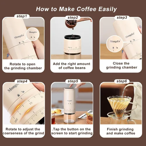 Vista 3 de Mongdio Molinillo de Café Eléctrico Portátil de Muelas con 38 Configuraciones, Molinillo de Café de Muelas Cónicas con Pantalla LED, Carga USB