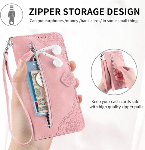 Vista 8 de Funda de teléfono tipo cartera para Redmi Note 12s, diseño de cremallera de hojas de alta capacidad con múltiples tarjetas, simple y versátil