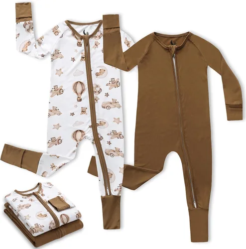 Vista 24 de Pijama de viscosa de bambú con cremallera de 2 vías para cambio de pañal, 0 a 24 meses, suave y elástico, paquete de 2 Oso azul