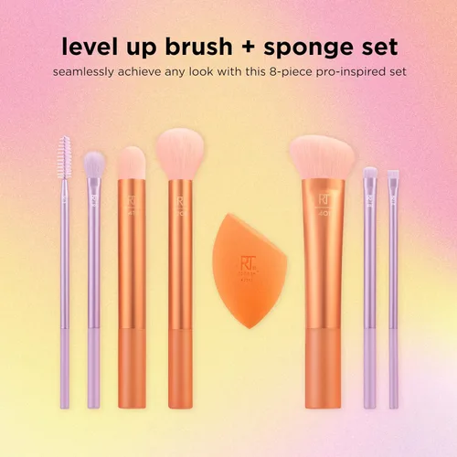 Vista 3 de Real Techniques - Juego de 8 piezas de brochas y esponjas Level Up, brochas de maquillaje para sombra de ojos, base, colorete y bronceador, esponja