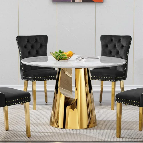 Vista 6 de SSLine Mesa de comedor redonda de mármol sintético blanco para 4-6, mesa de Mesa de oro blanco