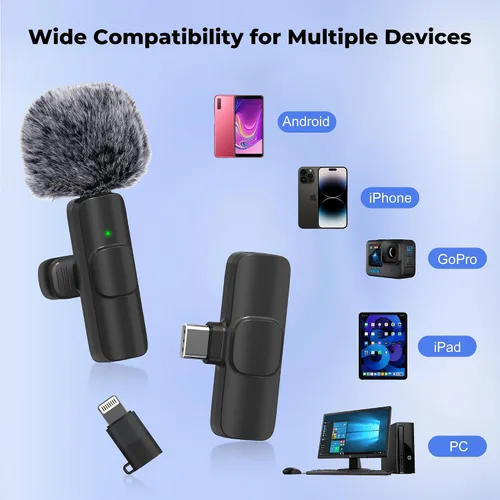 Vista 2 de Micrófono inalámbrico para iPhone, Android amplia compatibilidad con reducción de ruido, micrófono de solapa de sonido claro para podcast, grabación