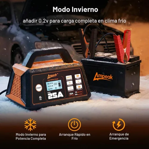 Vista 4 de Ampeak 25A 12V Battery Charger, 2/10/25A Smart Maintainer, ETL Certified 6 modos, carga de 8 etapas, pantalla LCD, modo invierno, desulfador