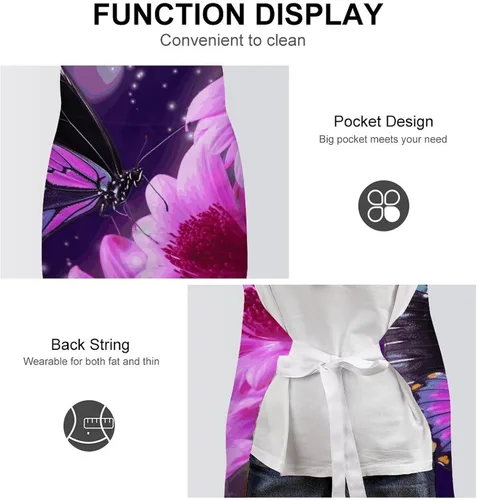 Vista 6 de MUSM Purple Butterfly And Flower Apron，Classic Vintage Funny with Pockets Aprons,Adjustable Bib Waterdrop Resistant for Kitchen Cooking Restaurant
