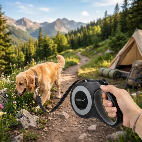 Vista 4 de Correa retráctil para perro, cinta de nailon fuerte de 16 pies, puntada reflectante para caminar por la noche, freno con una sola mano, mango Negro