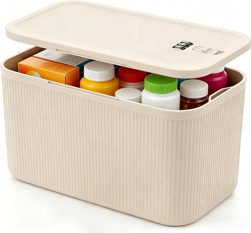 Vista 12 de Caja de bloqueo de medicina pequeña con código para aperitivos, medicamentos, almacenamiento de teléfono móvil, caja de bloqueo de teléfono Crema