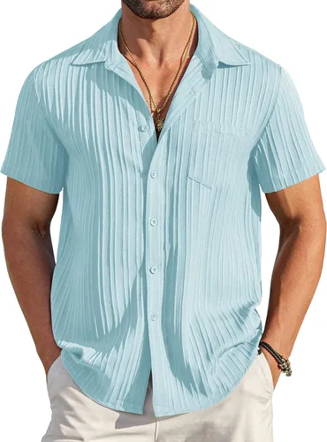Vista 24 de COOFANDY - Camisas de botones casuales para hombre, de manga corta, con textura, camisa de playa de verano con bolsillo